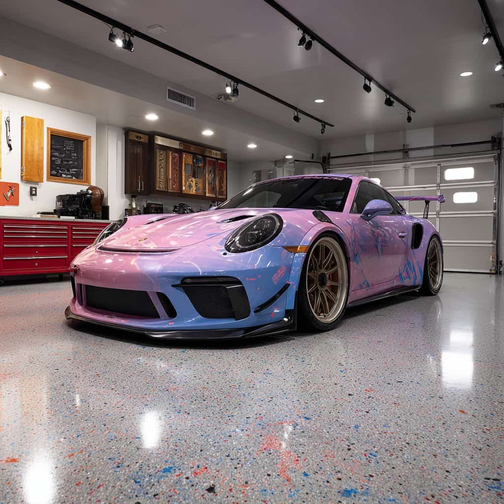 Garage epoxy floor coatings with full flake finish