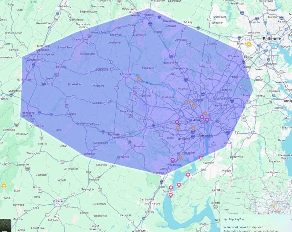 DMV Epoxy Pro Service Area Map Covering Northern VA, DC & Parts of MD